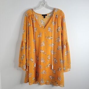 ASOS NEW LOOK Floral Mini Smock Dress With Bell Sleeves Mustard Size 8
